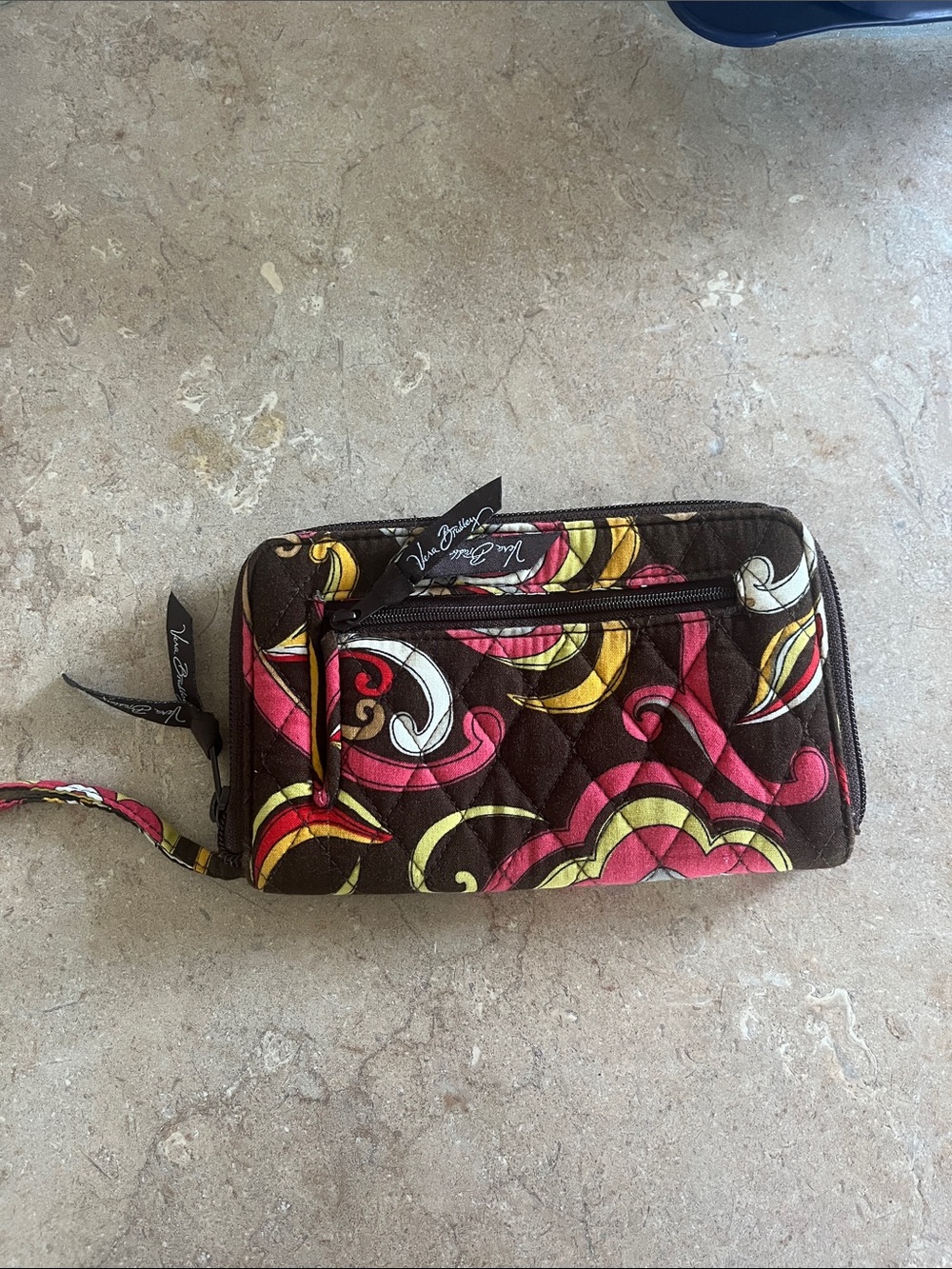 Vera Bradley Quilted Wristlet Wallet - Brown with Pink & Yellow Swirl Pattern